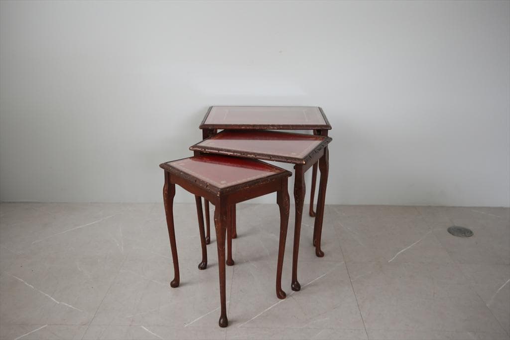 英国アンティーク猫脚ネストテーブル3台/木製机/サイドテーブル(88-83)