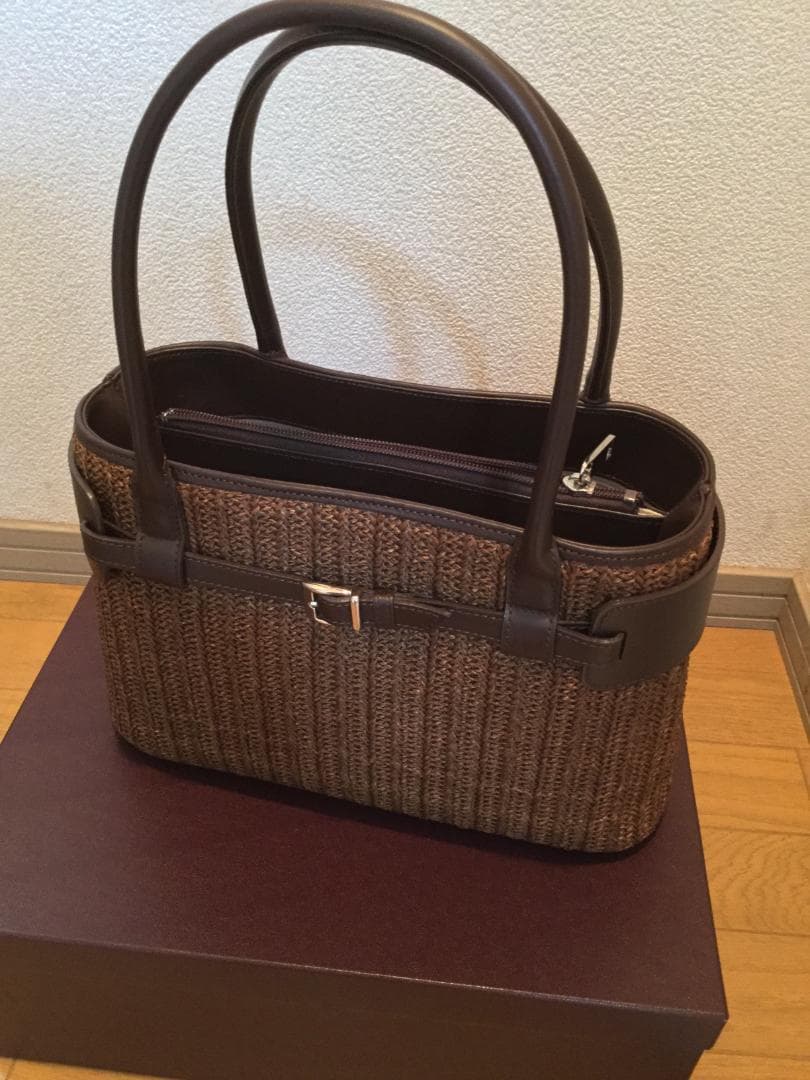 傳濱野　バッグ　茶色　ブラウン　ブラウン かごバッグ ストライプ模様