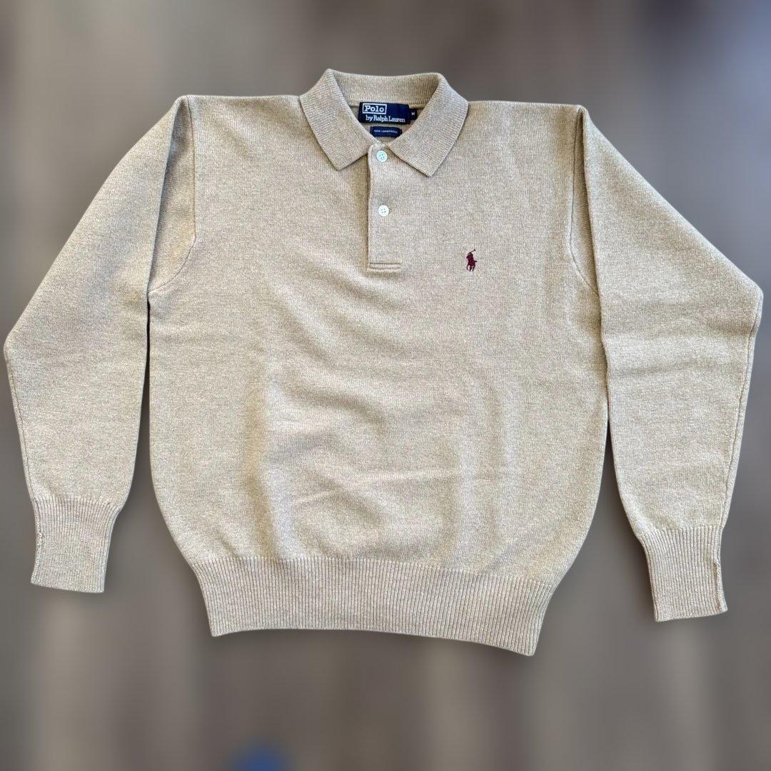 【Ralph Lauren】希少貝ボタン・ラムウール男性用ニットポロ　ベージュ