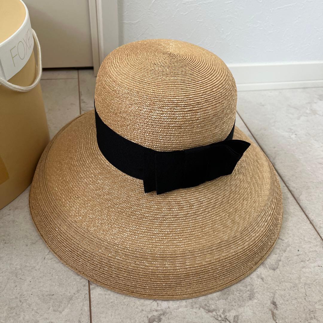 フォクシー黒リボン定番麦わら帽子ストローハット黒リボン付きお箱あり