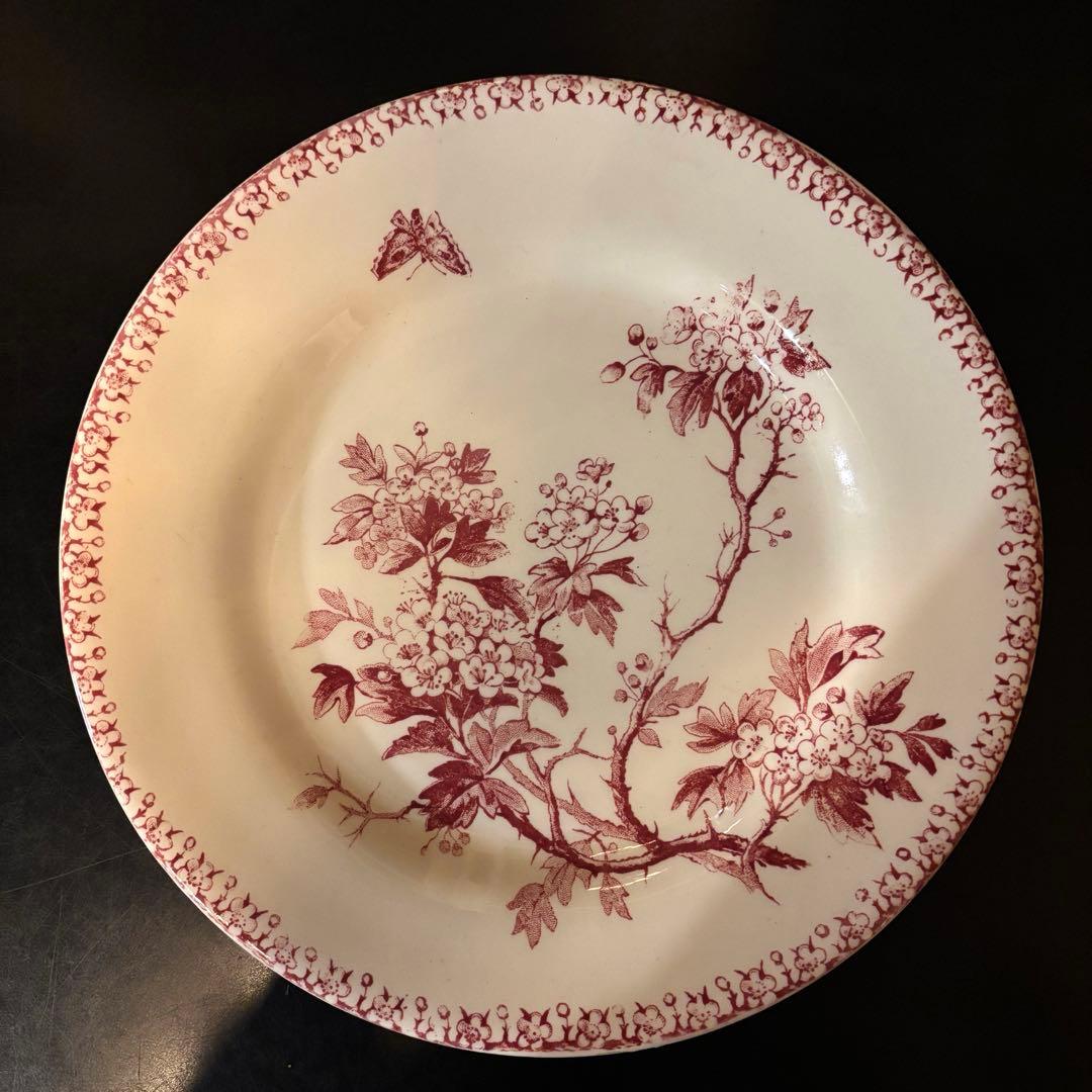 フランスアンティークプレート　赤色　花と蝶 2枚セット