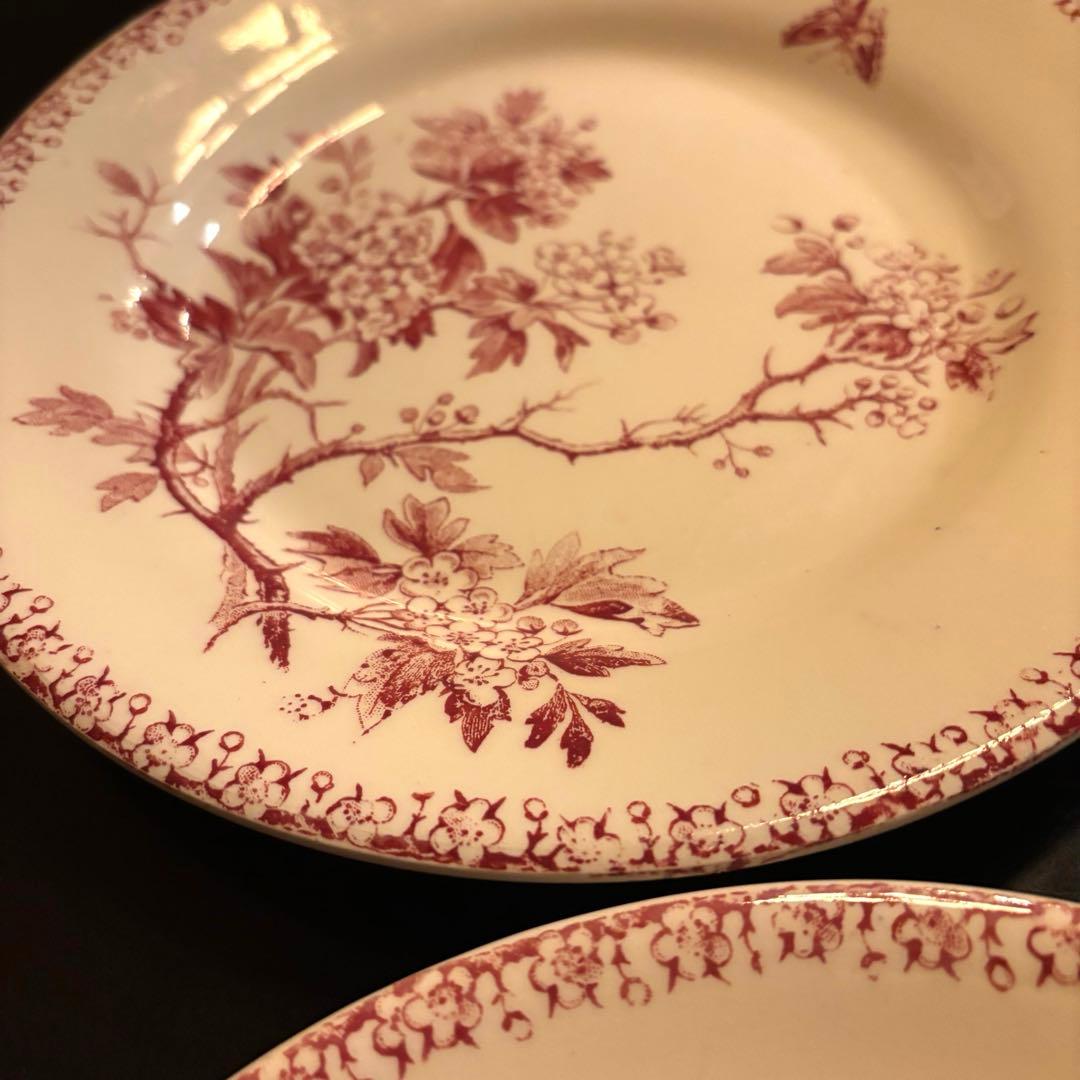 フランスアンティークプレート　赤色　花と蝶 2枚セット