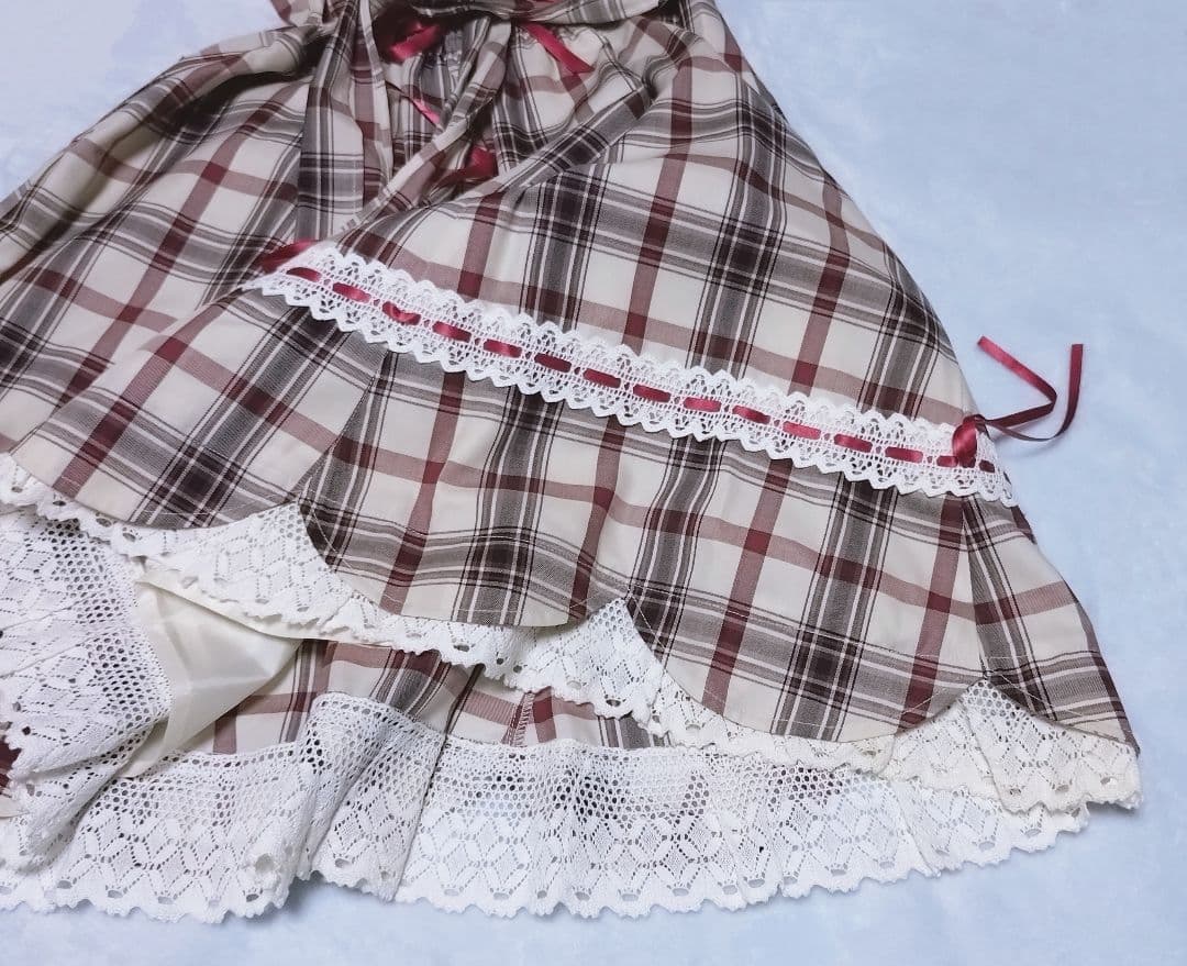 裾スカラップタータンチェックジャンパースカート 生成×エンジ