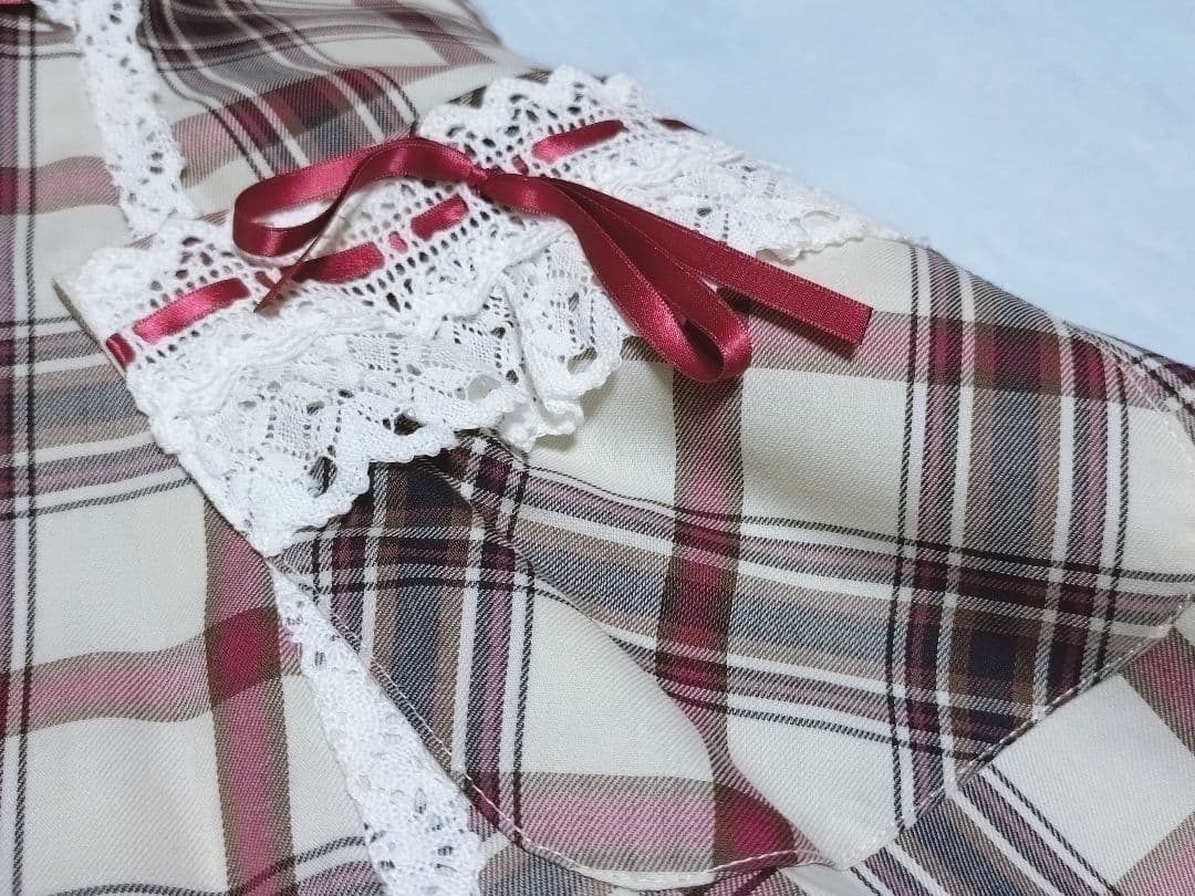 裾スカラップタータンチェックジャンパースカート 生成×エンジ