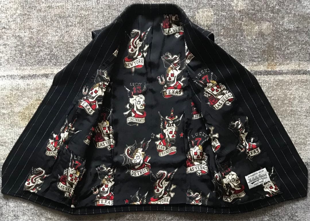 初期の名作 別格の裏地スカル柄 ワコマリア ストライプ柄 髑髏 ベスト ジレ S