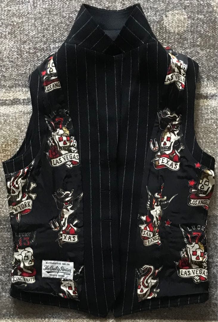 初期の名作 別格の裏地スカル柄 ワコマリア ストライプ柄 髑髏 ベスト ジレ S