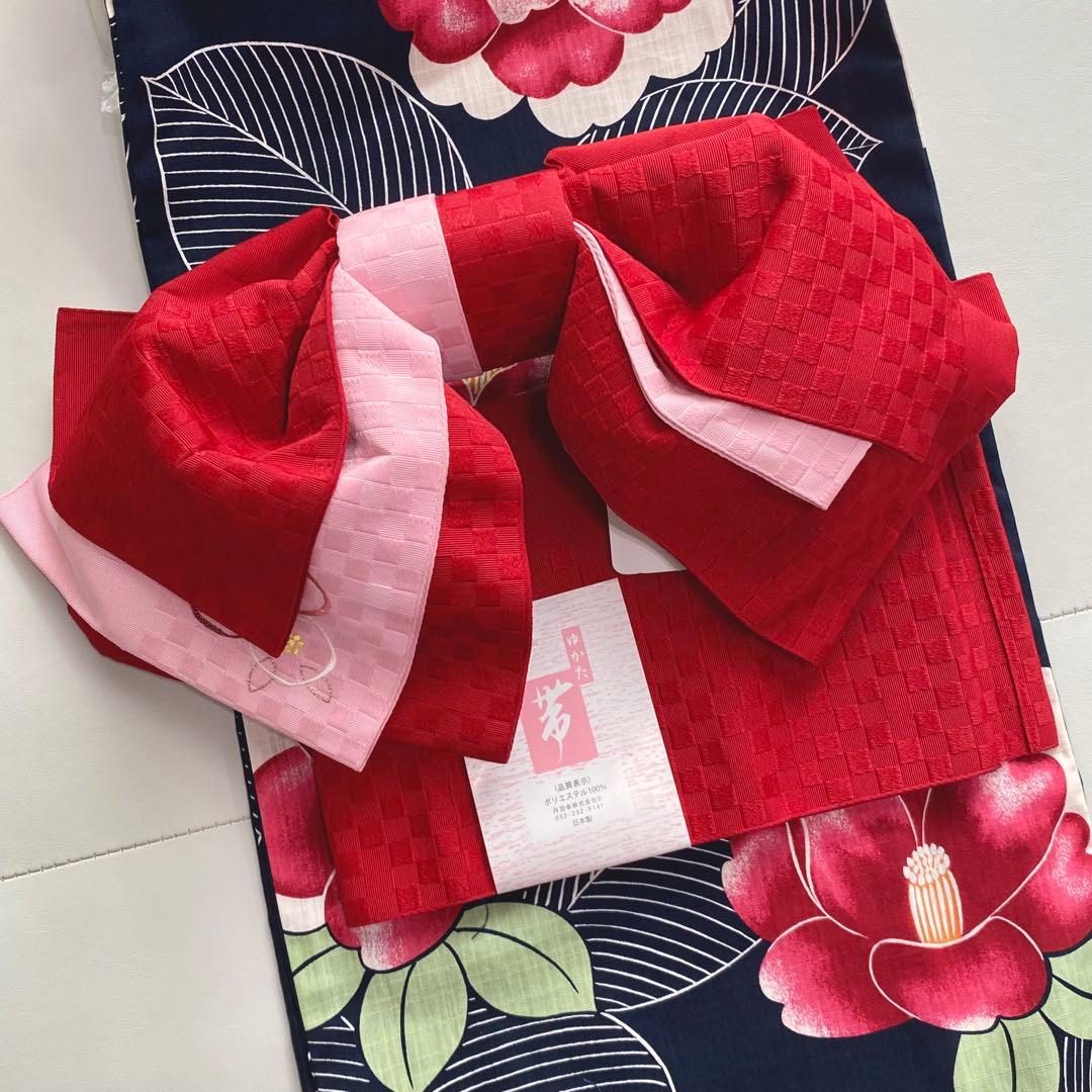 〈新品〉ネイビー花柄浴衣・帯・下駄セット　着付けセット付き