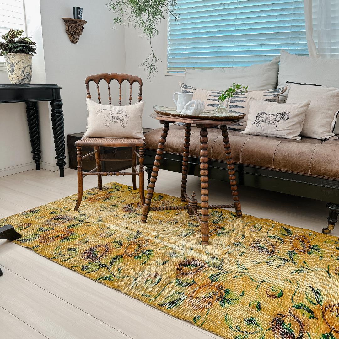 トルコヴィンテージラグ A77 レア イエロー グリーン オーバーダイラグ