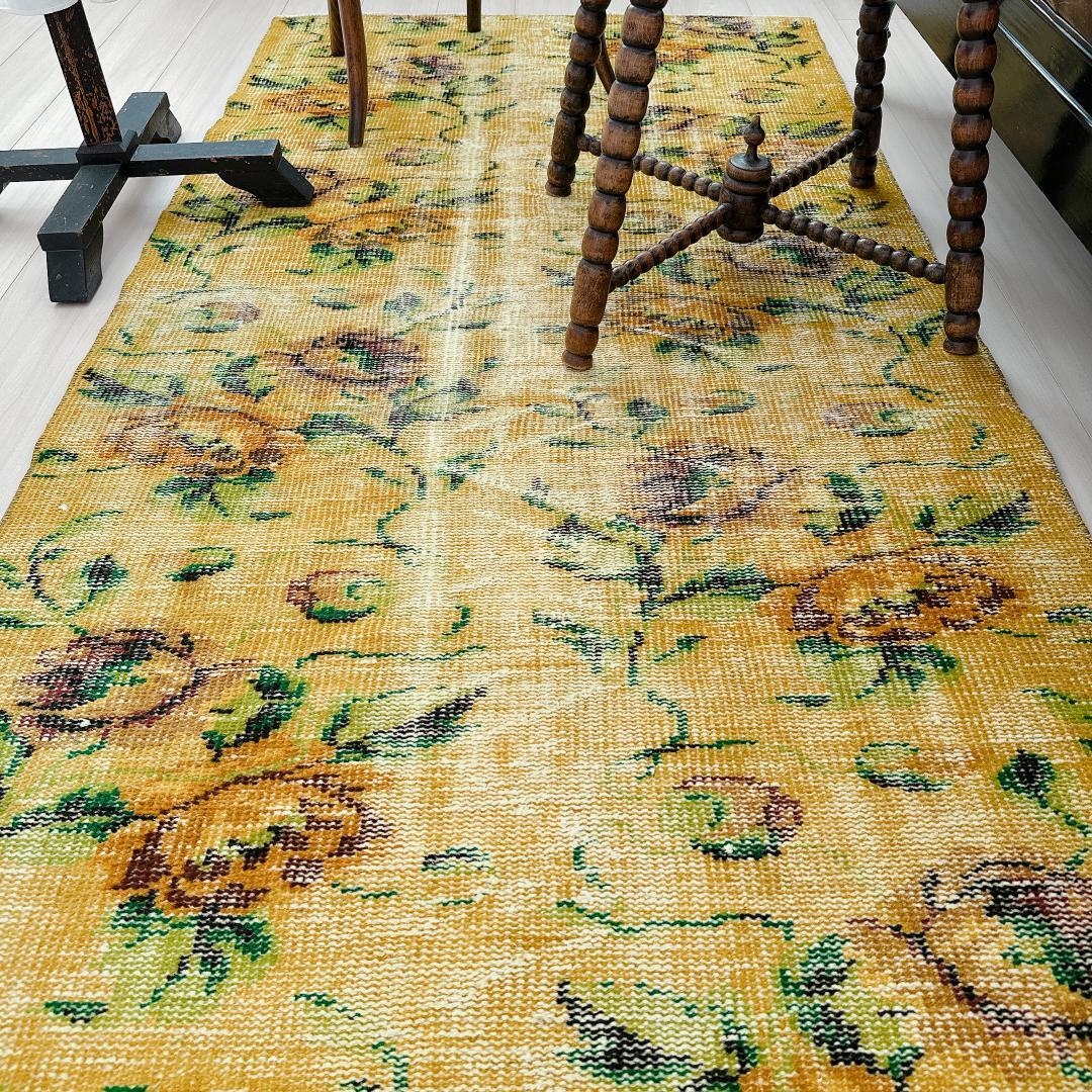 トルコヴィンテージラグ A77 レア イエロー グリーン オーバーダイラグ
