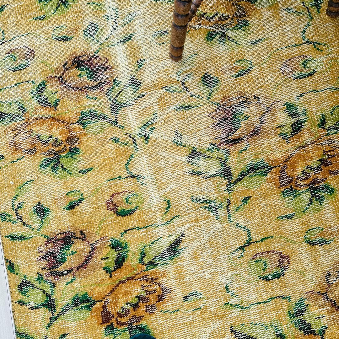 トルコヴィンテージラグ A77 レア イエロー グリーン オーバーダイラグ