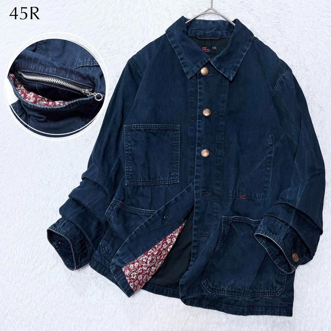 【美品】45R インディゴ染め デニム ジャケット ロゴボタン 柄裏ポケット