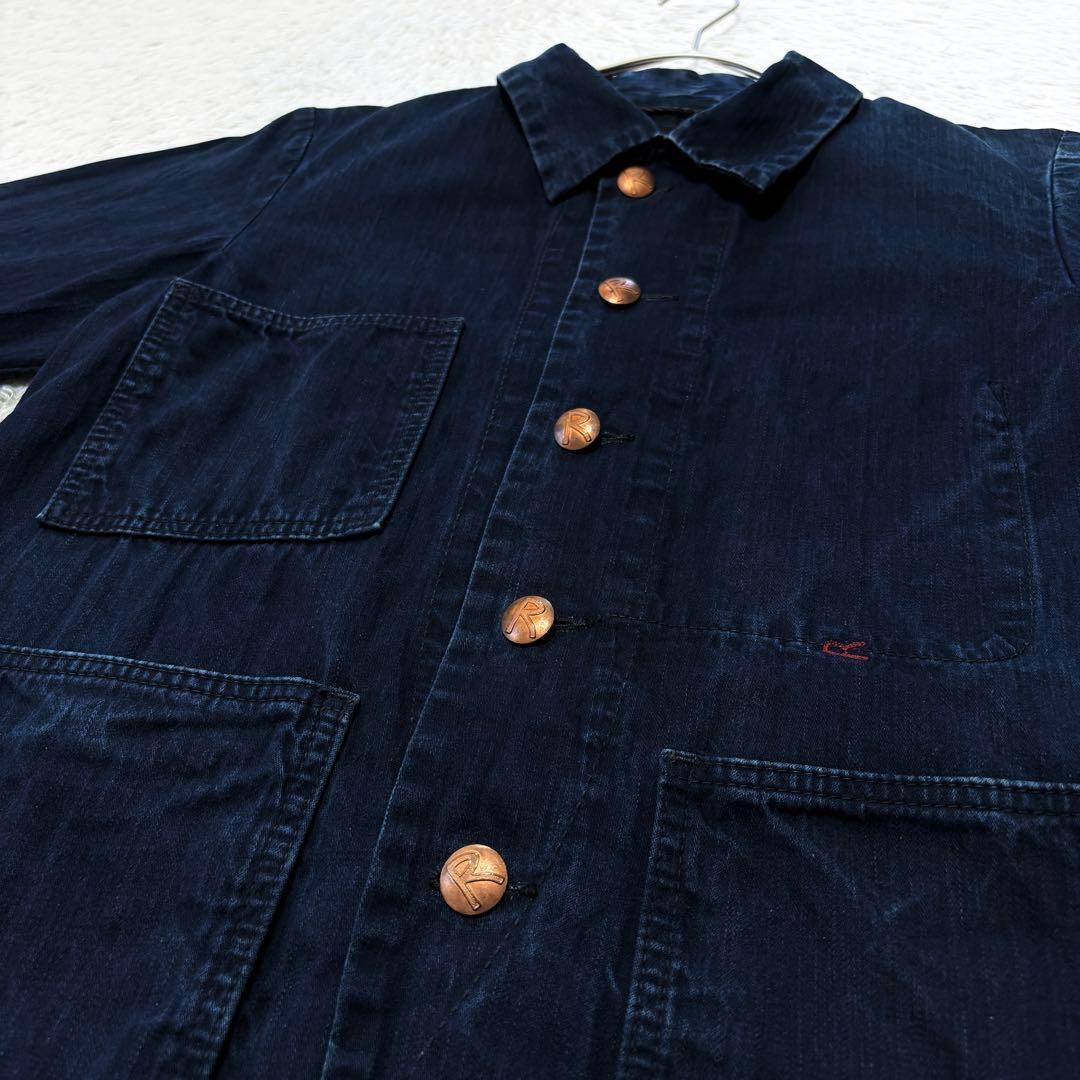 【美品】45R インディゴ染め デニム ジャケット ロゴボタン 柄裏ポケット
