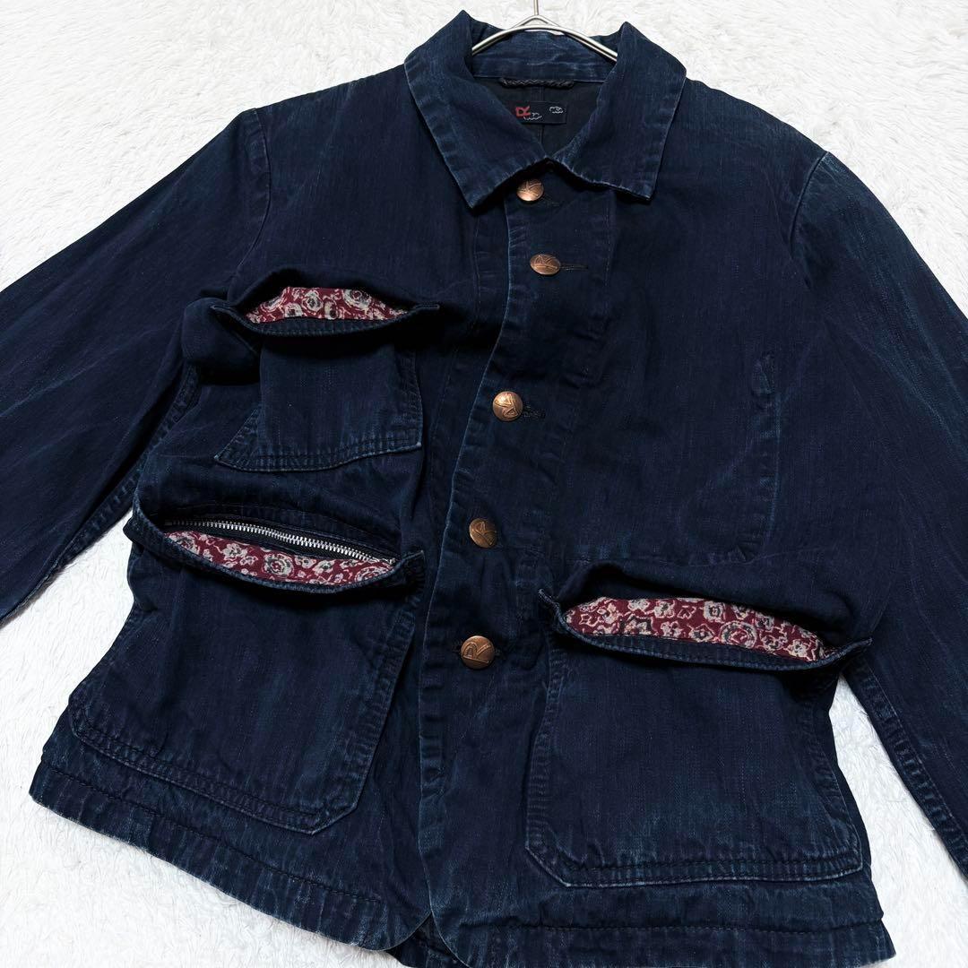 【美品】45R インディゴ染め デニム ジャケット ロゴボタン 柄裏ポケット