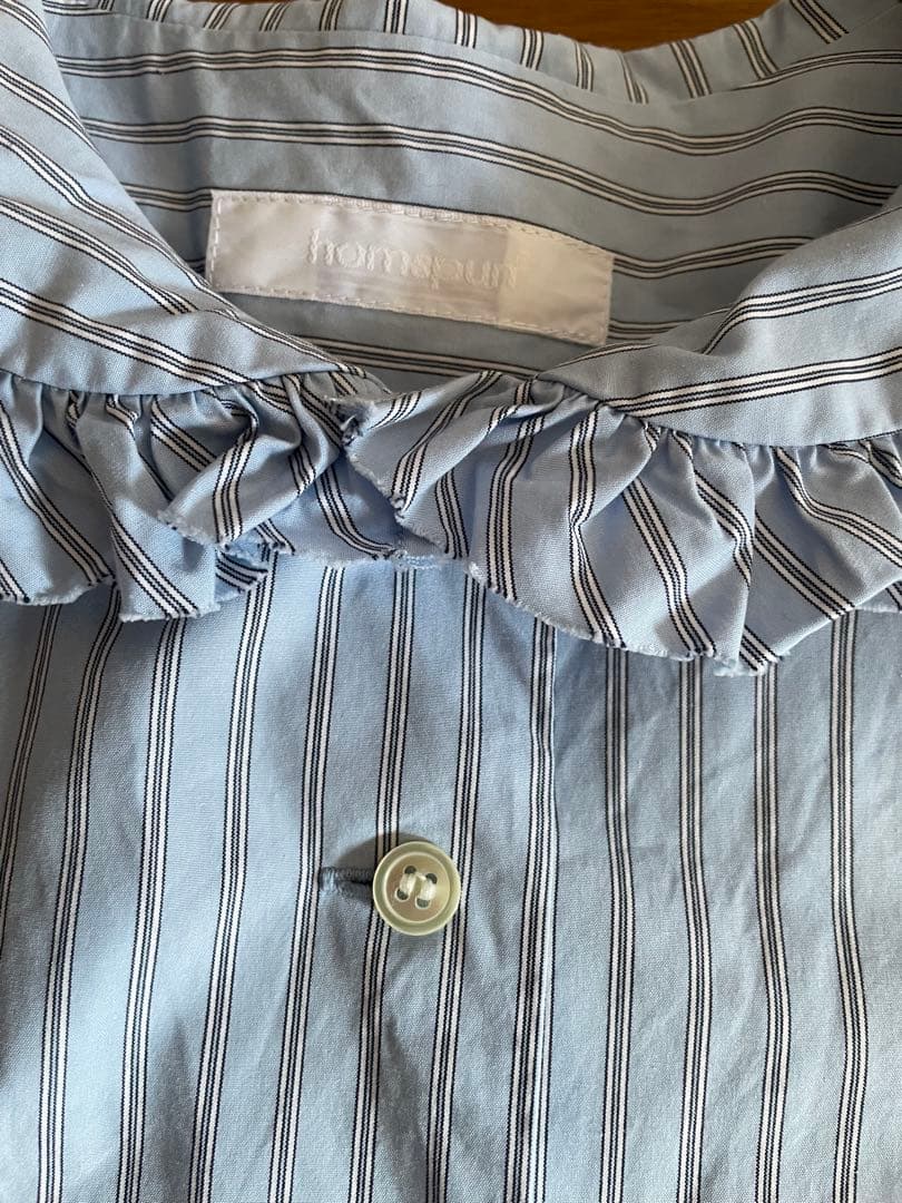 m*o様 homspun 長袖シャツ　水色ボーダー　フリル