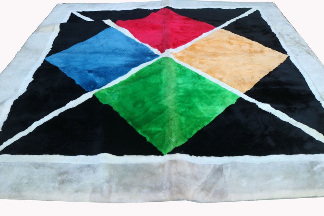 ゆー　幾何学模様のカラフルムートンラグ　少々難あり　190x190cm