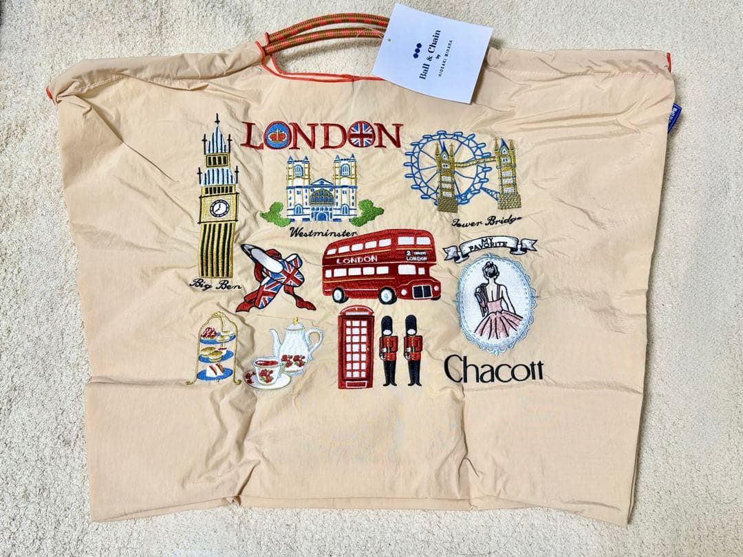Ball&Chain チャコット ロンドン 刺繍　エコバッグ　ベージュ