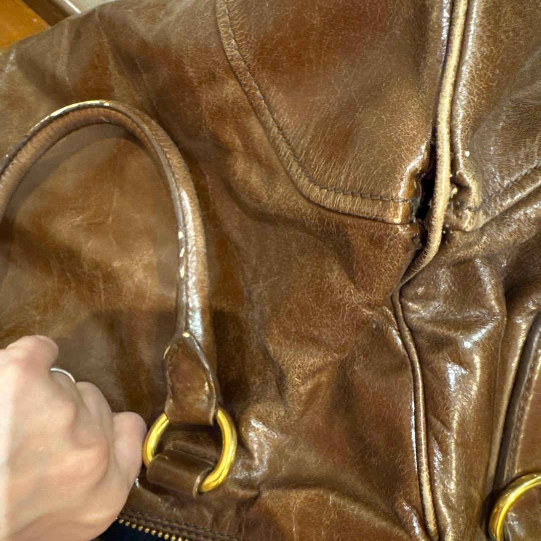 PRADA ブラウンレザー ハンドバッグ　ヴィンテージ加工　プラダ