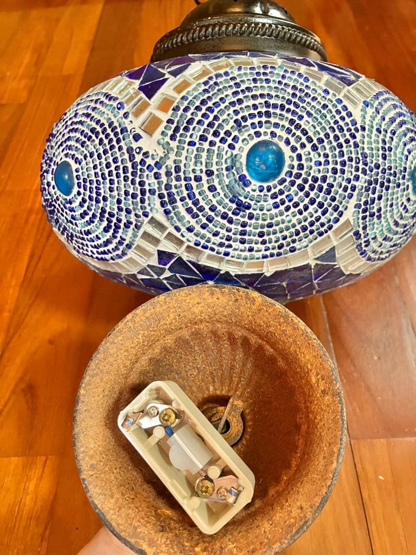 トルコランプ 美品 希少 吊り下げ ブルー　青　ガラスビーズ 引掛シーリング