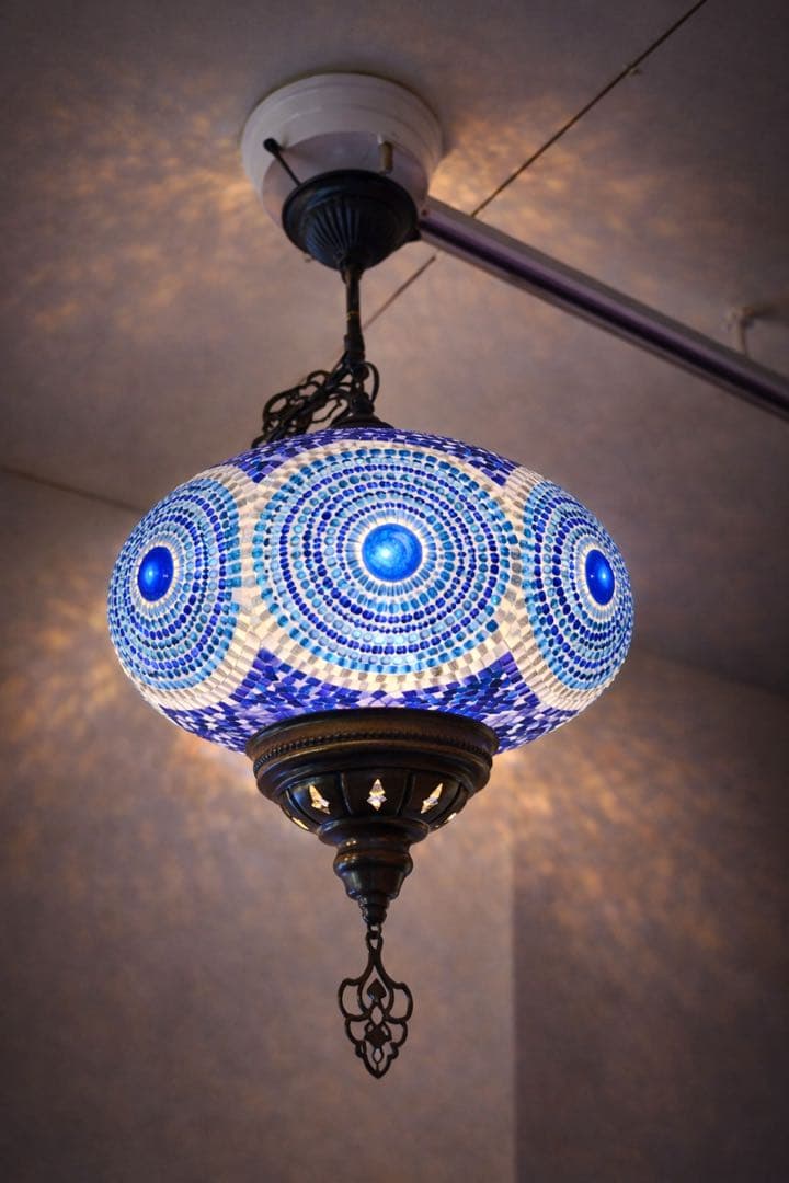 トルコランプ 美品 希少 吊り下げ ブルー　青　ガラスビーズ 引掛シーリング