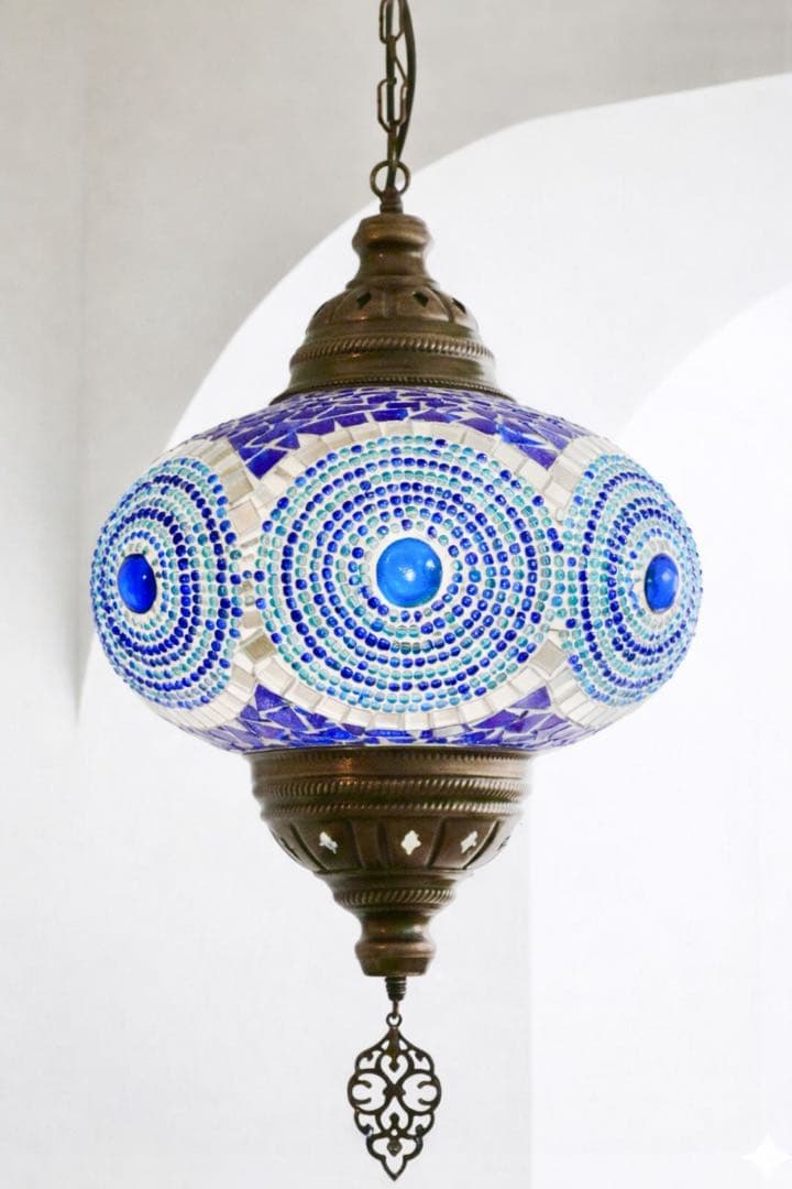 トルコランプ 美品 希少 吊り下げ ブルー　青　ガラスビーズ 引掛シーリング