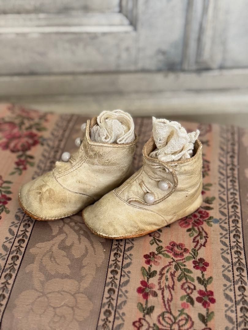 フランスアンティークベビーレザーブーツシューズホワイト