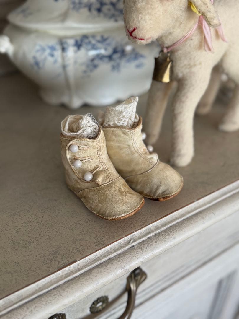 フランスアンティークベビーレザーブーツシューズホワイト