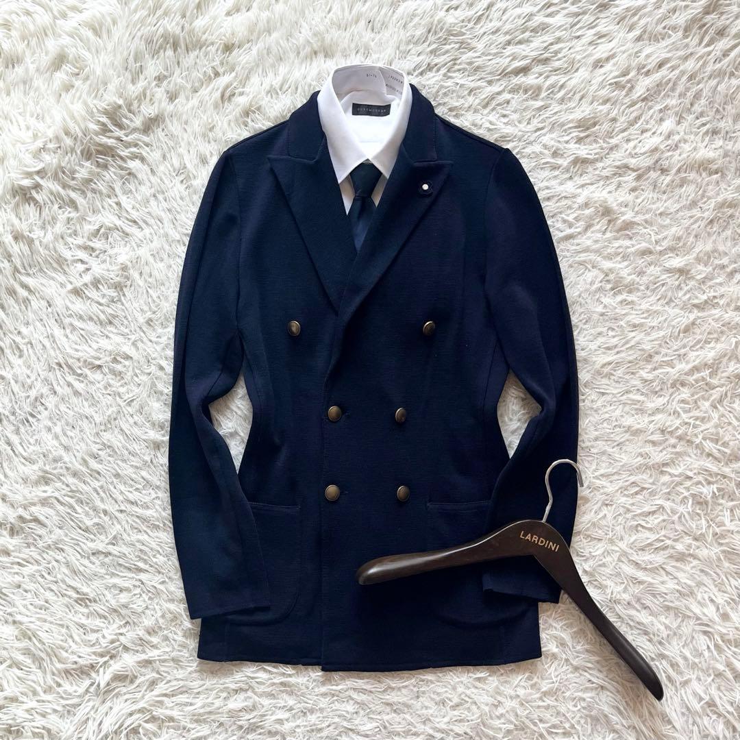 <美品>LARDINI ネイビー 金ボタン ウール ニットジャケット サイズS