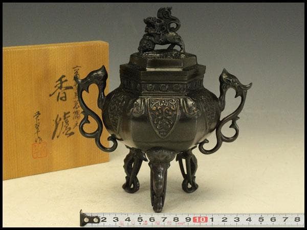 銅製 六角 象足 獅子蓋 香炉 未使用 共箱(LC790)
