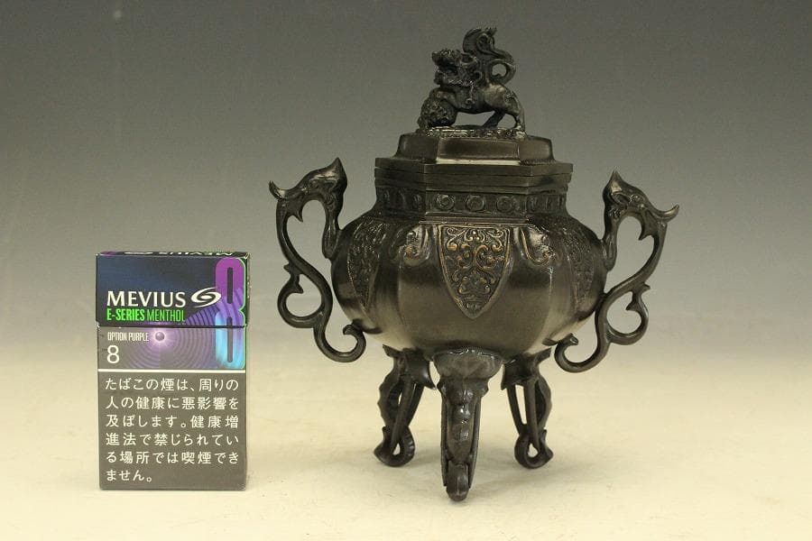 銅製 六角 象足 獅子蓋 香炉 未使用 共箱(LC790)