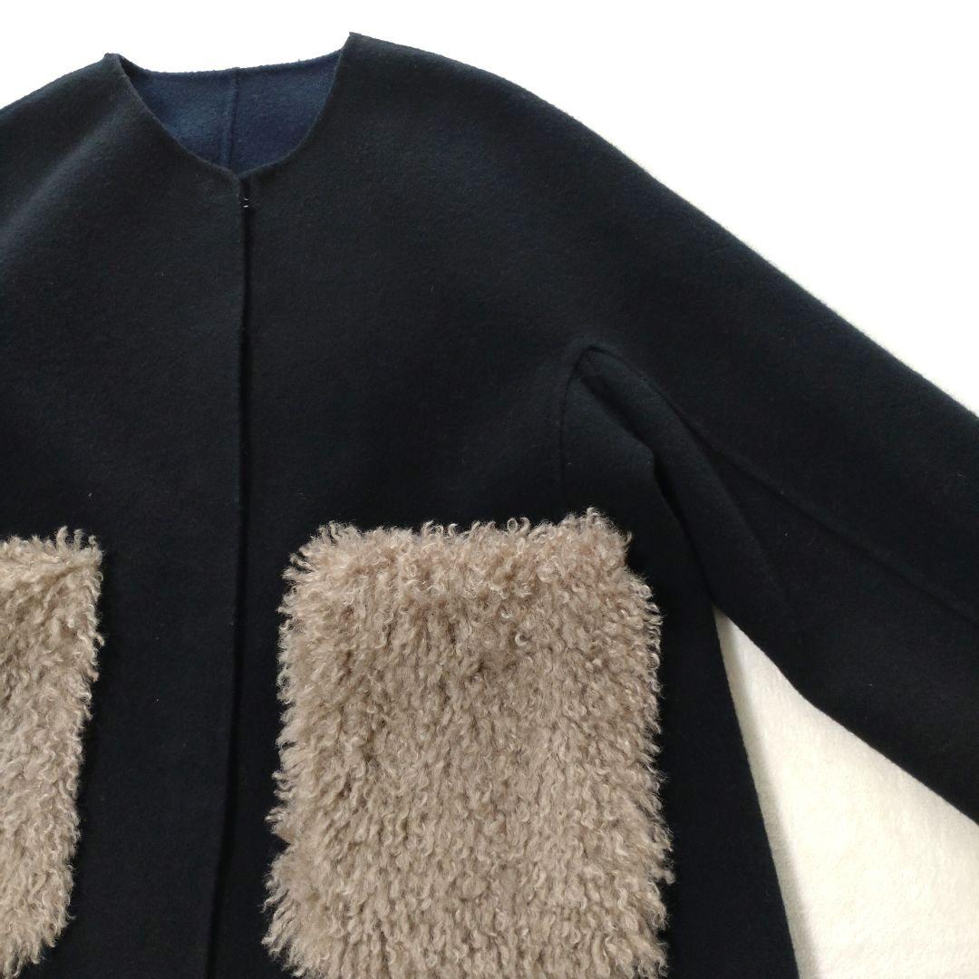 マーレンダム　ハーフリバーコート　ノーカラー　ウール　ボアポケット　黒　40