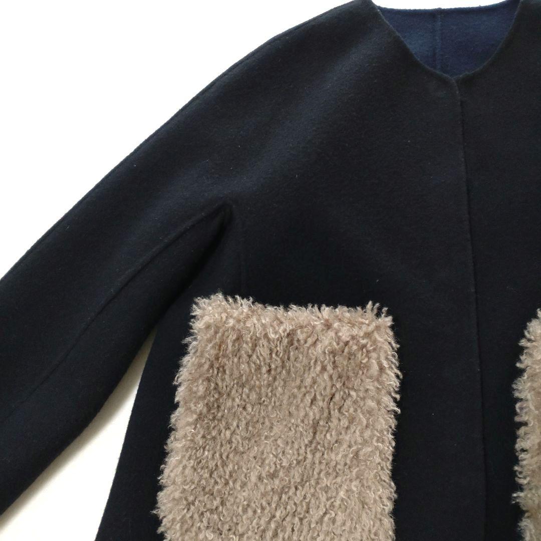 マーレンダム　ハーフリバーコート　ノーカラー　ウール　ボアポケット　黒　40