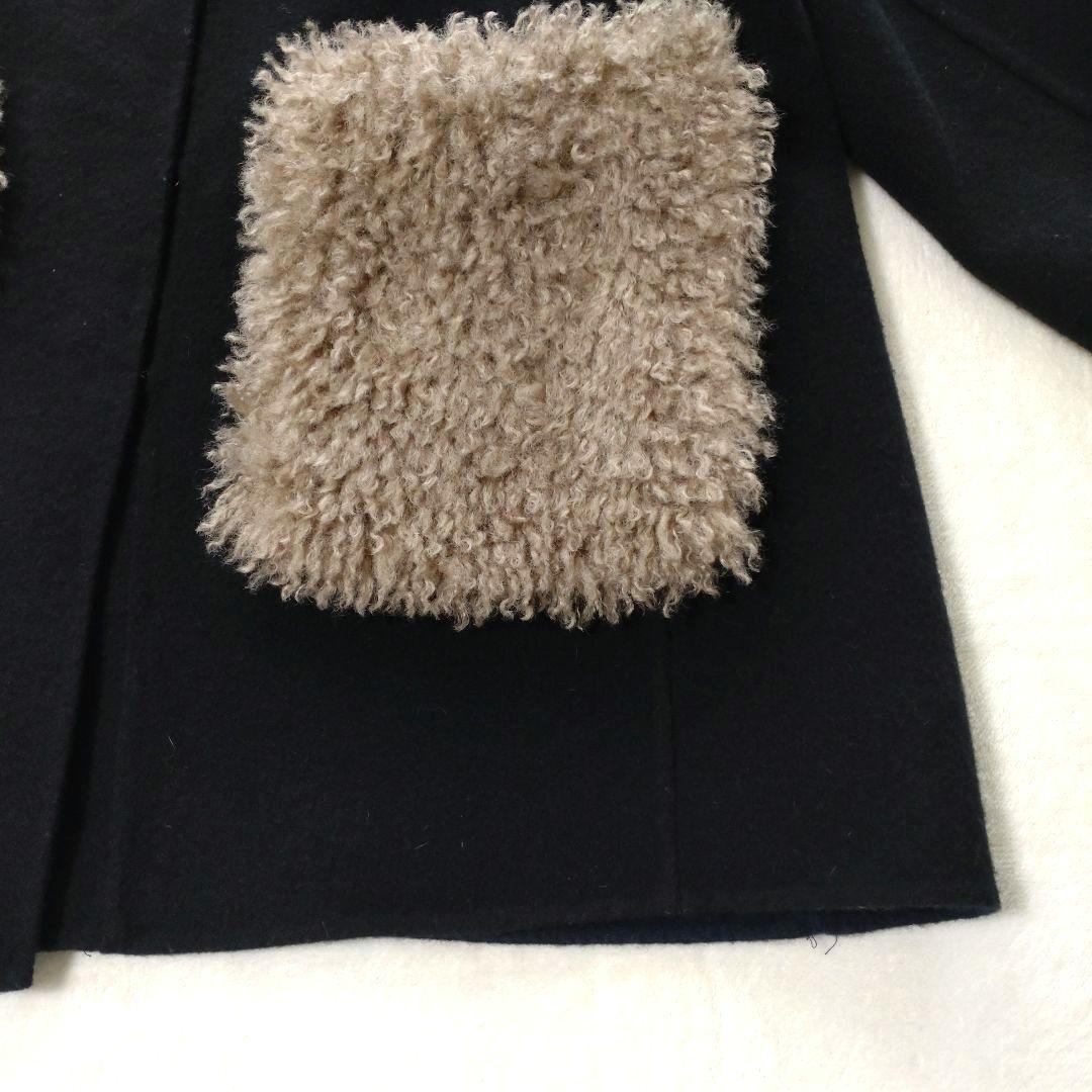 マーレンダム　ハーフリバーコート　ノーカラー　ウール　ボアポケット　黒　40