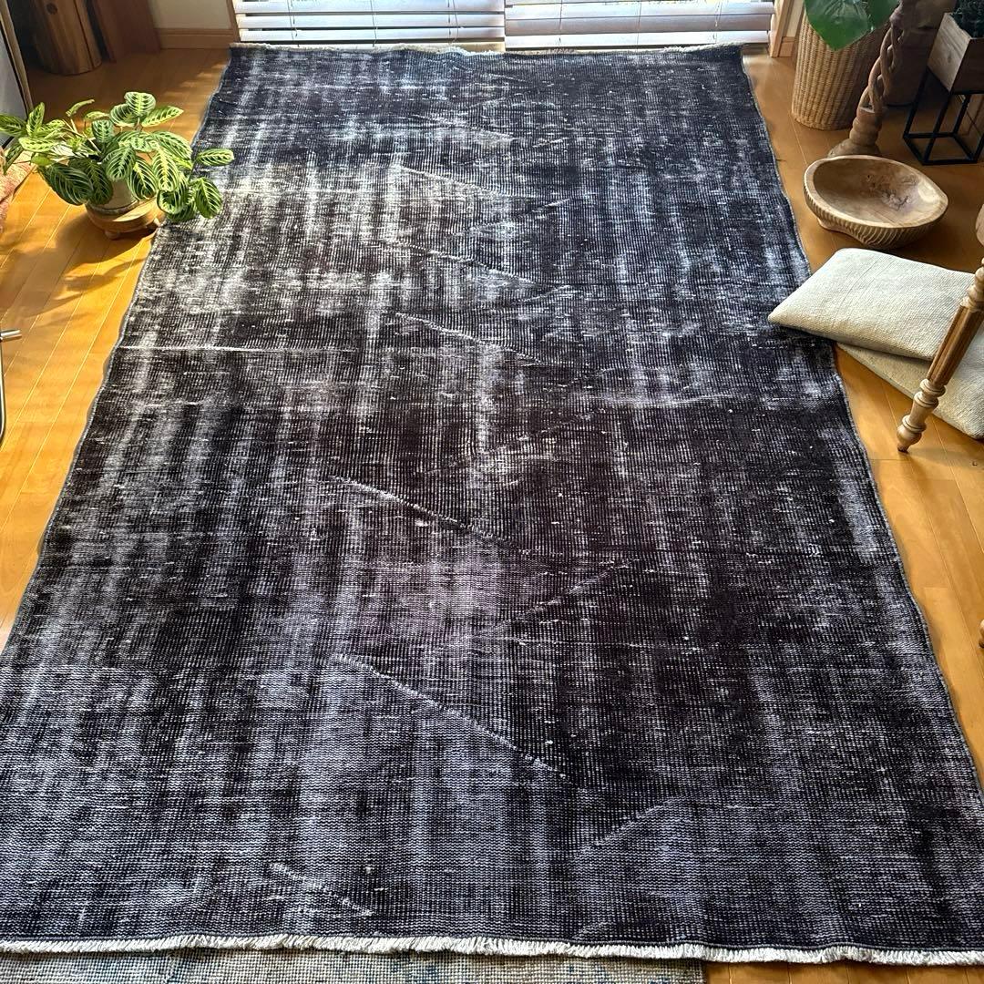 大判151×260 オーバーダイ　ブラックダークグレイ　トルコヴィンテージラグ