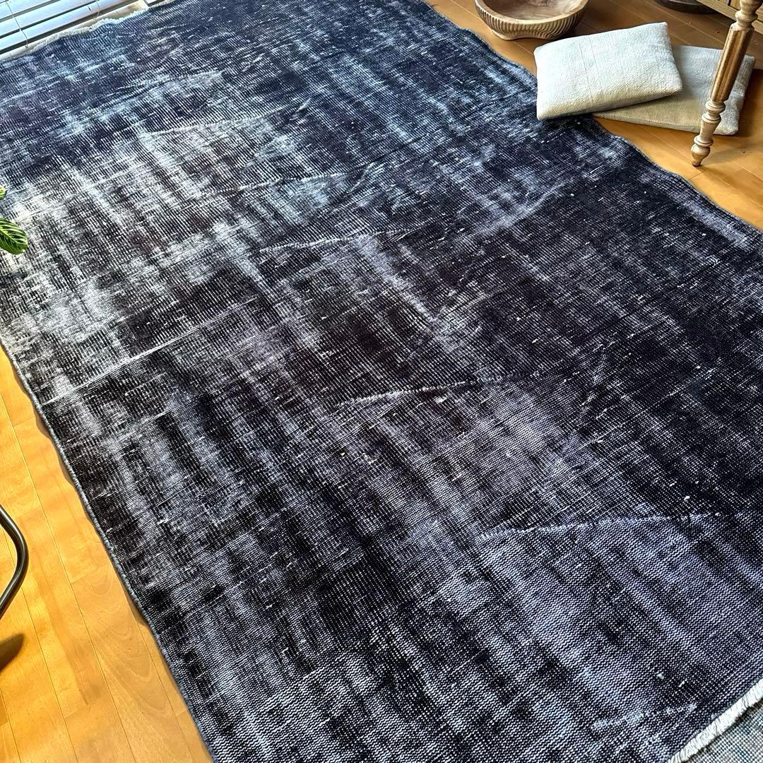 大判151×260 オーバーダイ　ブラックダークグレイ　トルコヴィンテージラグ