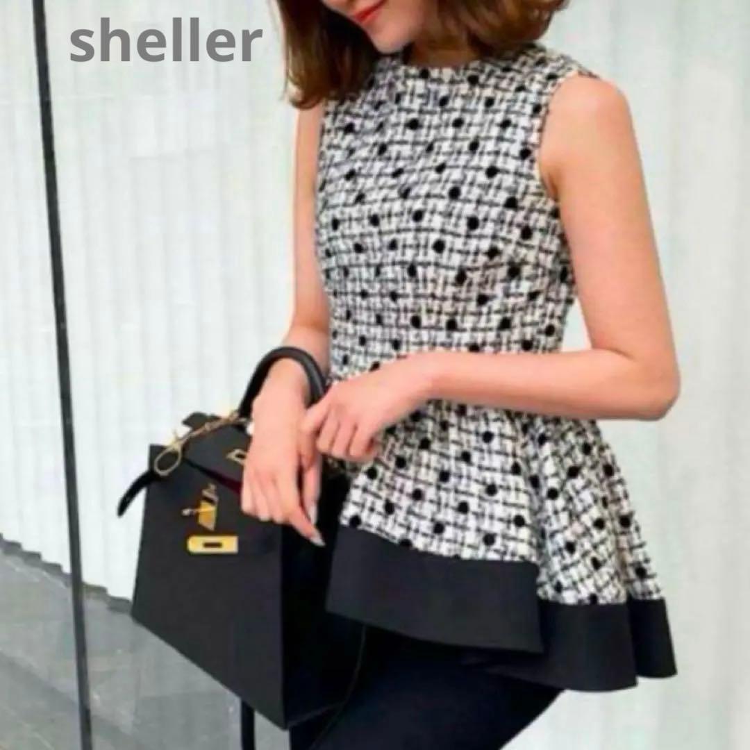 sheller シェリエ ノースリーブ ペプラムトップス 異素材 ブラック 黒