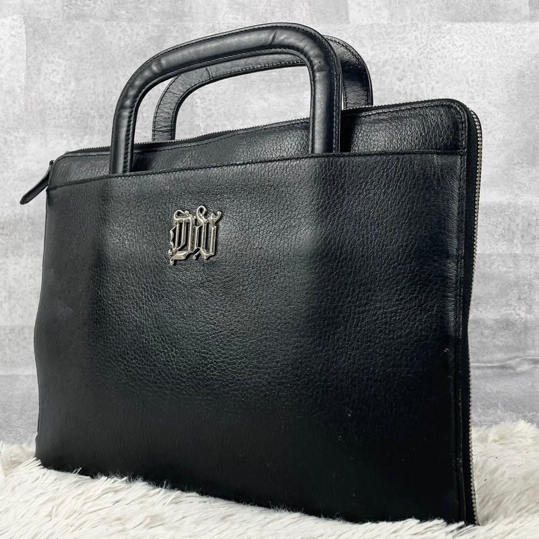 美品 ヴェルサーチ レザー ビジネスバッグ ロゴ型押し ファスナー ブラック