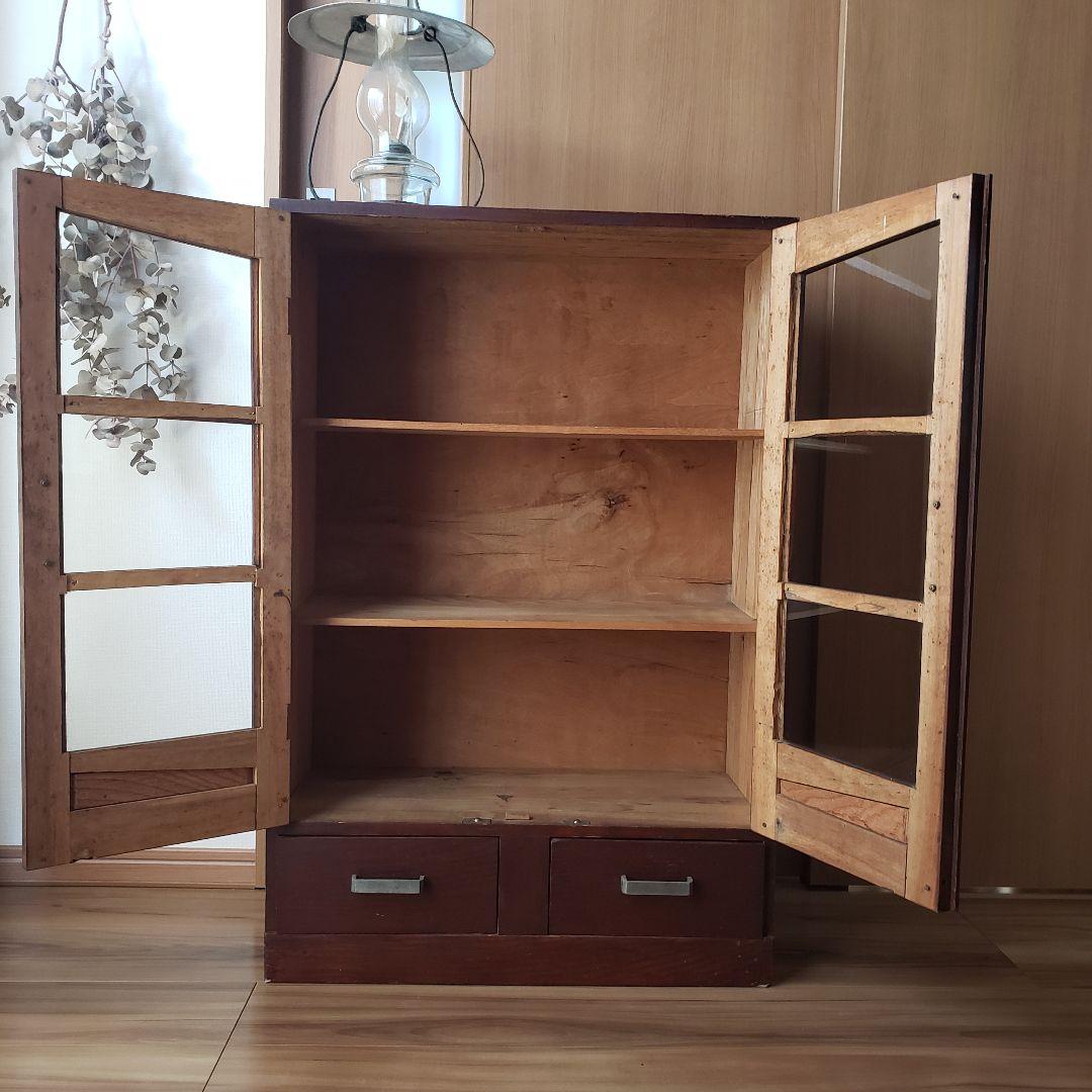 古い木製　ゆらゆらガラス　本棚　食器棚　収納棚　水屋箪笥　古家具