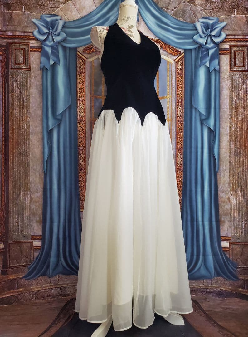 L【新品インポートセレクト】ベロア×オーガンジー ホルターネックドレス×ブラック