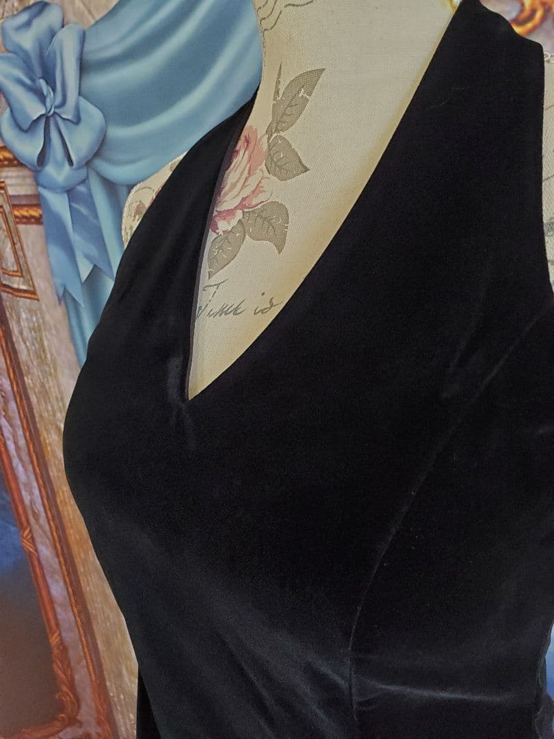 L【新品インポートセレクト】ベロア×オーガンジー ホルターネックドレス×ブラック