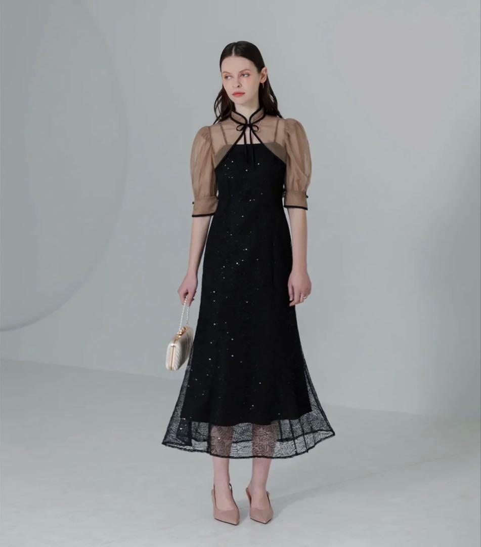 LEJA スパンコール刺しゅうマーメイドパフスリーブ2wayチュールワンピース