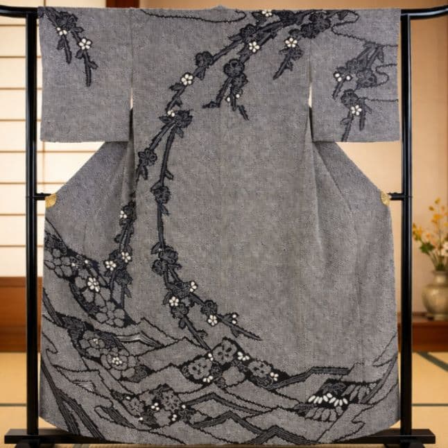 総絞り 訪問着 黒 絞り 枝垂れ桜　 裄65