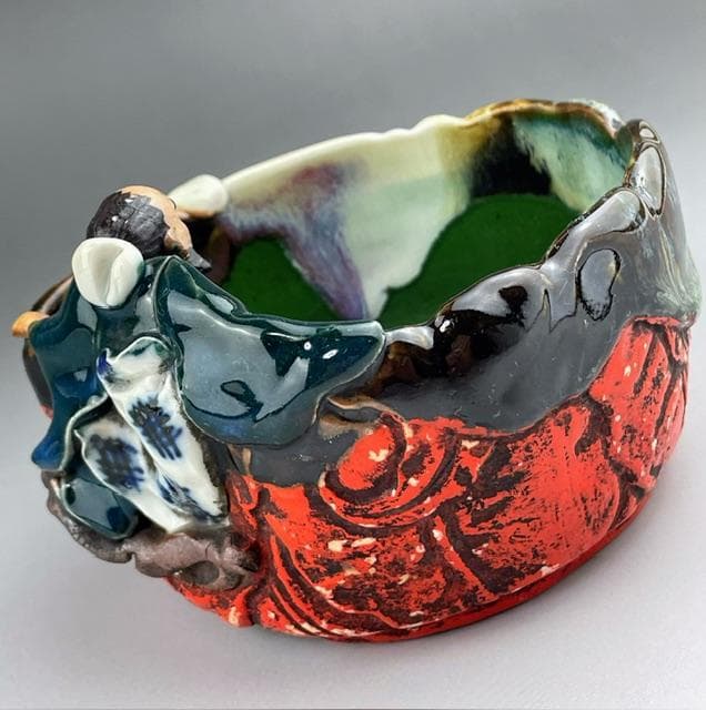 【希少】隅田焼 高浮彫人物立体造形焼物 明治期 ボウル トレイ 深皿 井上良斎