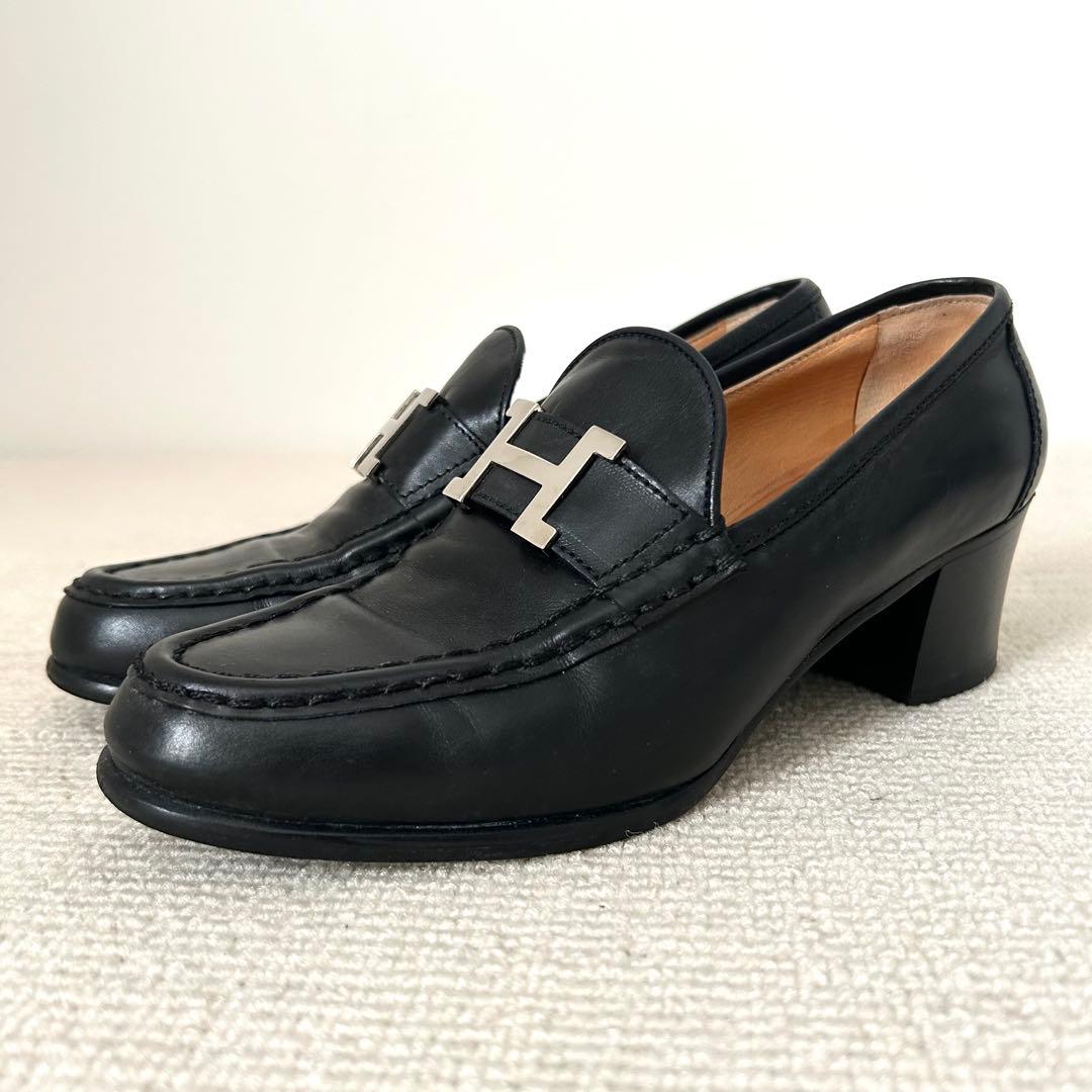 エルメス ローファー コンスタンス H金具 ヒール パンプス 黒 23cm