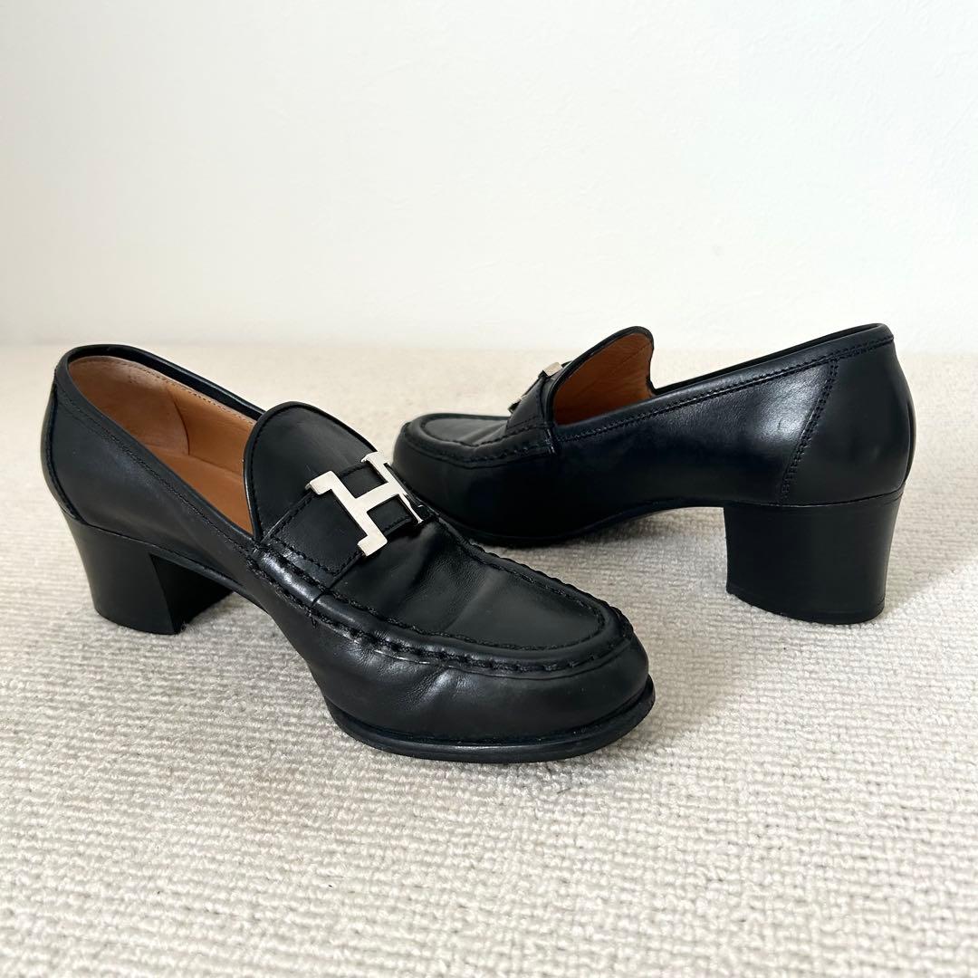 エルメス ローファー コンスタンス H金具 ヒール パンプス 黒 23cm