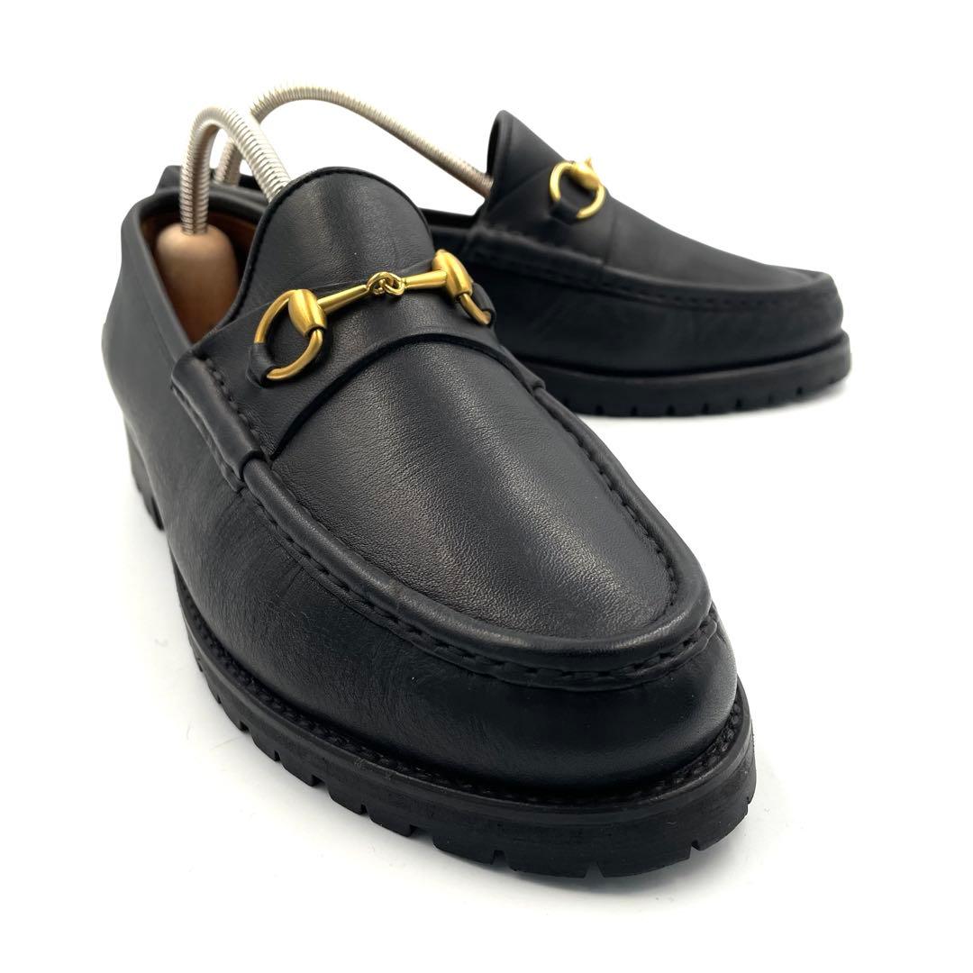 《未使用級》グッチ ホース ビット ローファー レザー ゴールド金具 黒系 37