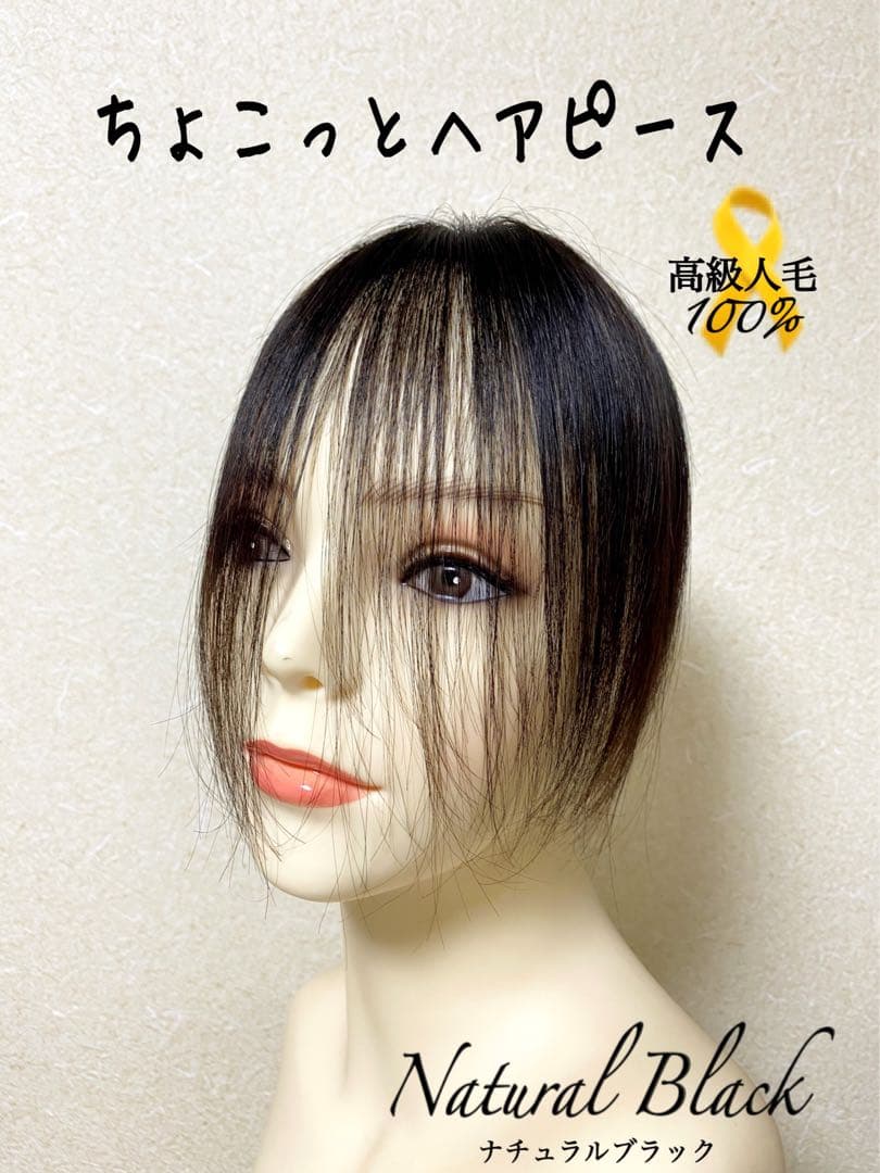 人毛100 ヘアピース【シルクスキン】自然な黒　ポイントウィッグ　トップピース