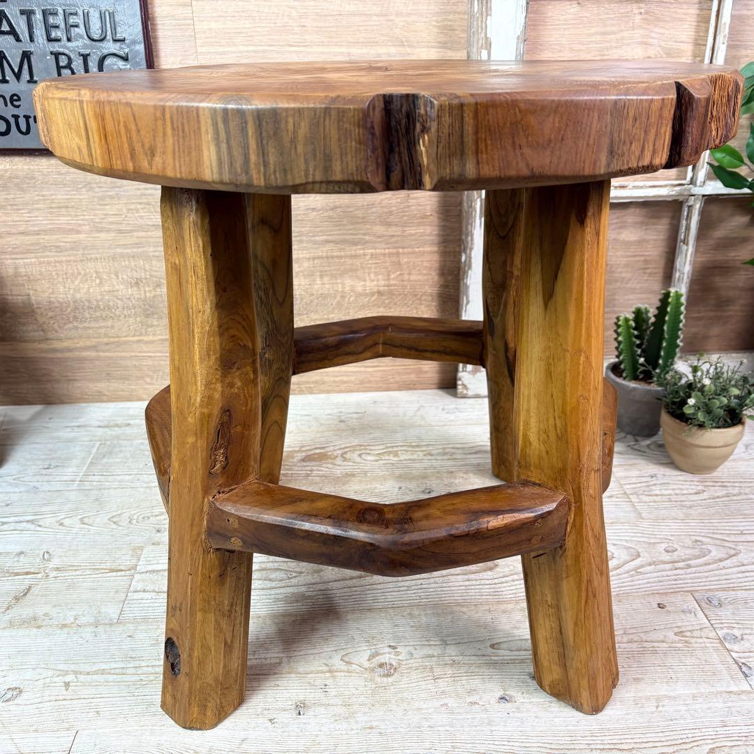 オールドチーク天然無垢材木製創作極太サイドテーブル L（直径54㎝）ウッド飾り台
