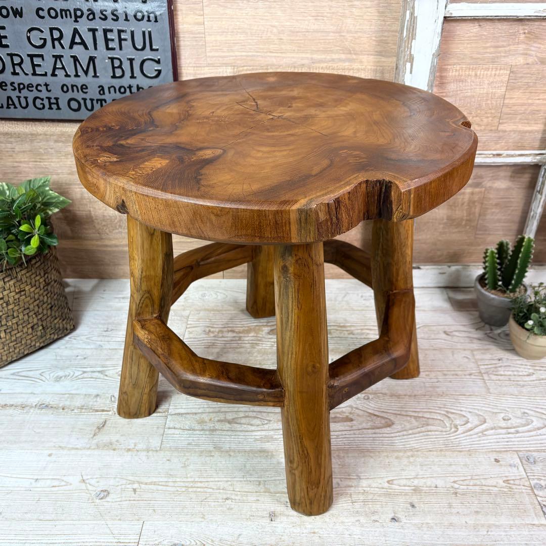 オールドチーク天然無垢材木製創作極太サイドテーブル L（直径54㎝）ウッド飾り台