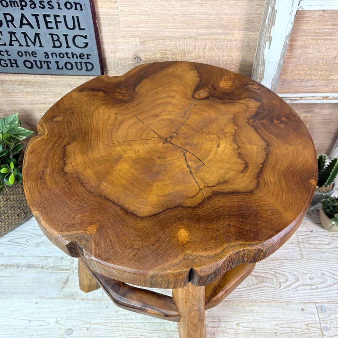 オールドチーク天然無垢材木製創作極太サイドテーブル L（直径54㎝）ウッド飾り台