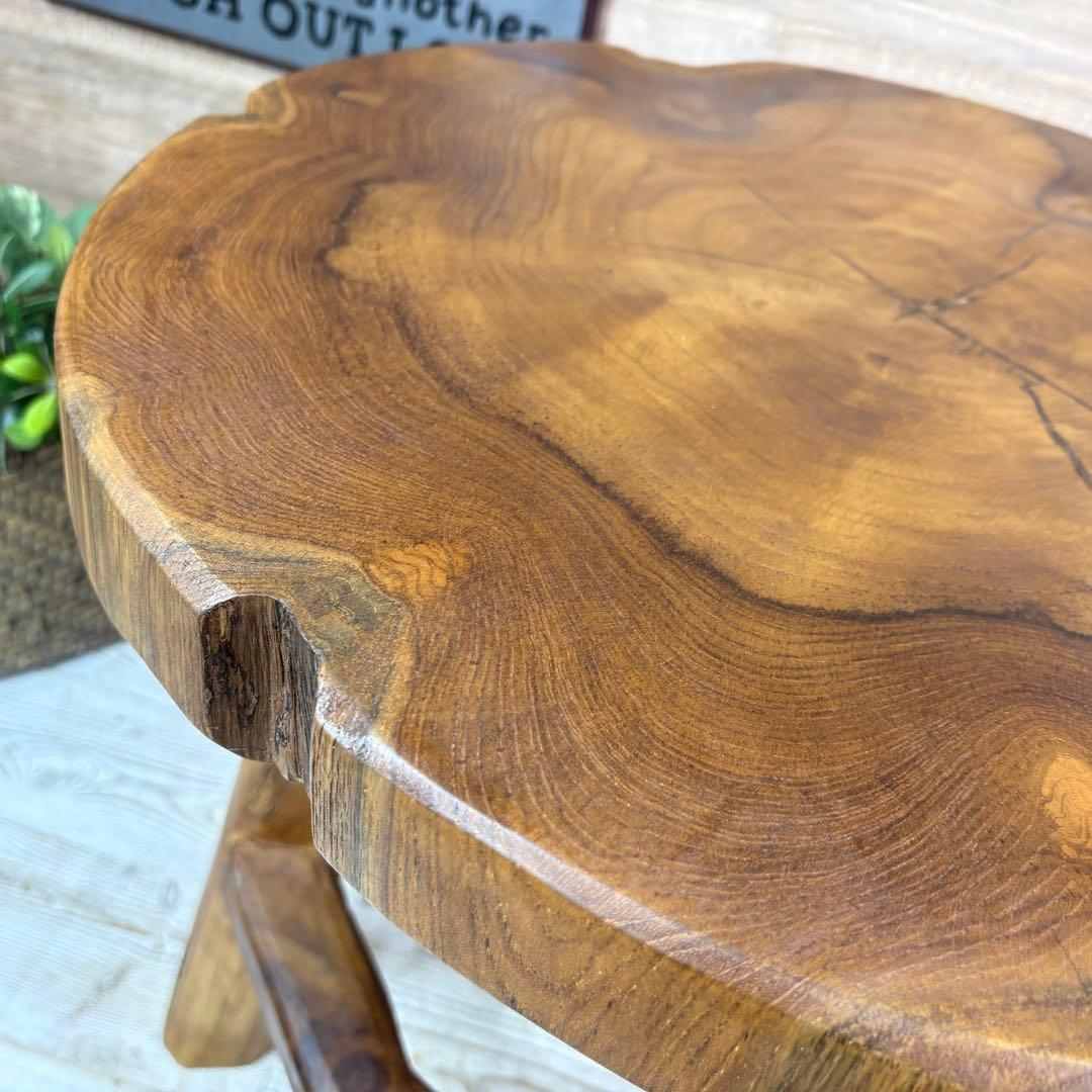 オールドチーク天然無垢材木製創作極太サイドテーブル L（直径54㎝）ウッド飾り台